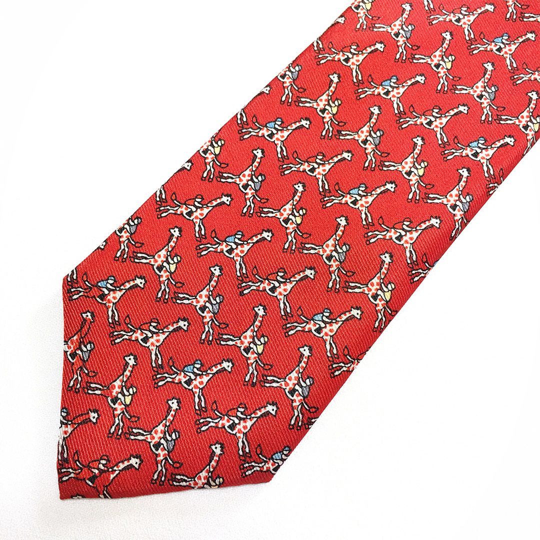 未使用級 エルメス HERMES ネクタイ シルク100% レッド アニマル柄