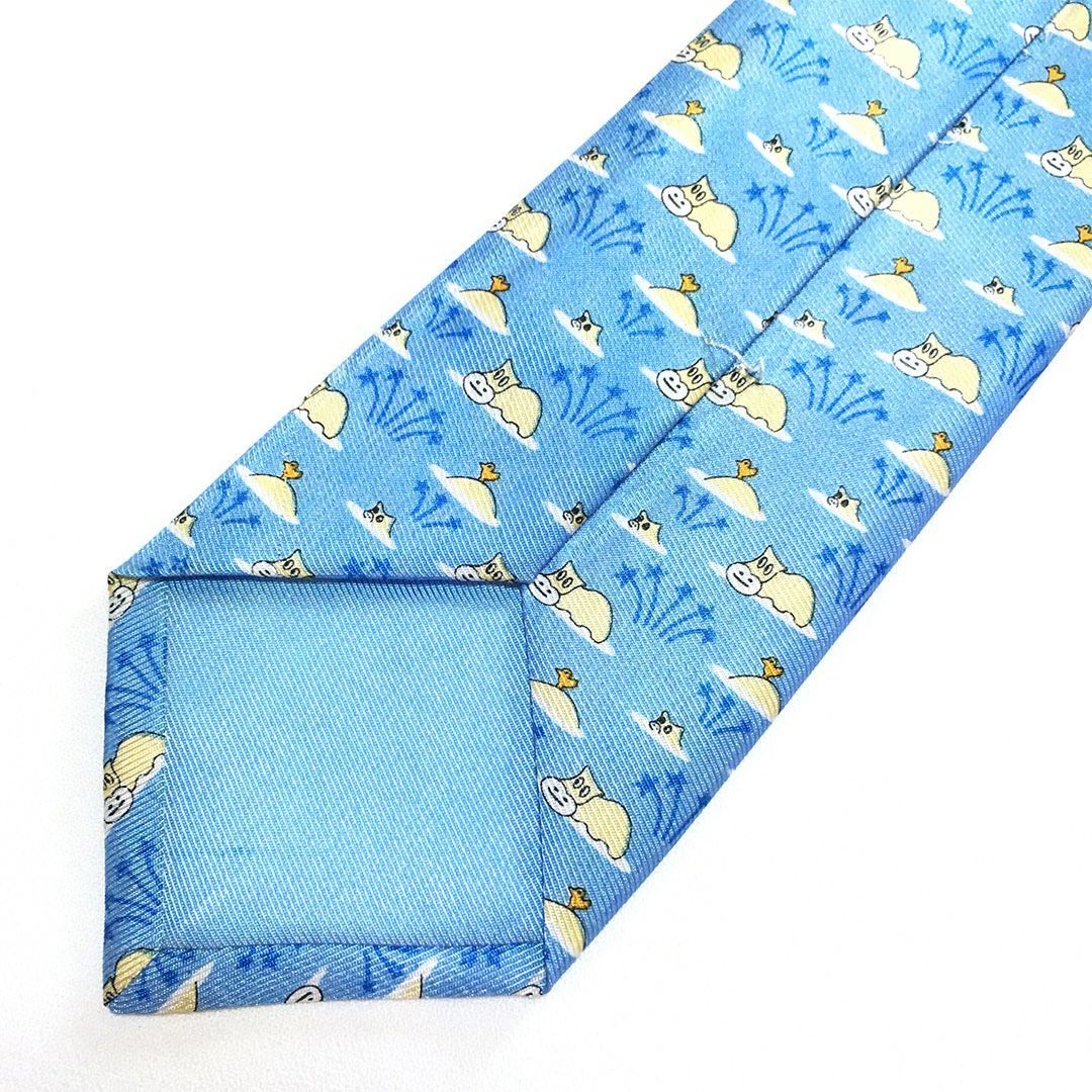 未使用級 エルメス HERMES ネクタイ シルク100% ライトブルー アニマル