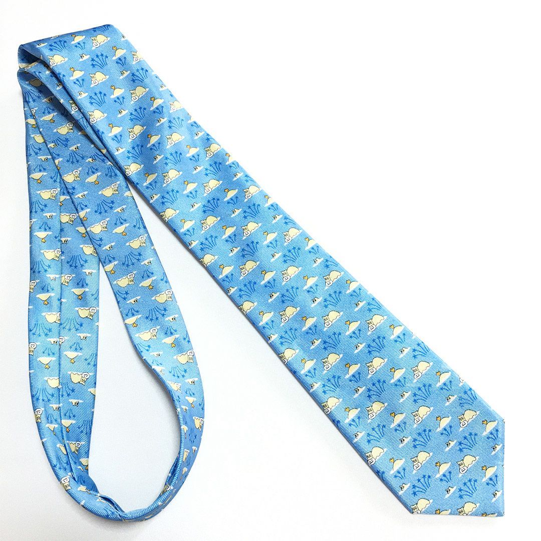 未使用級 エルメス HERMES ネクタイ シルク100% ライトブルー アニマル