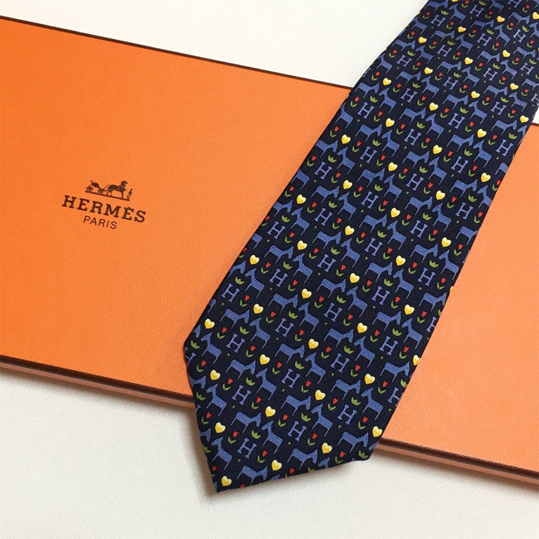 未使用級 エルメス HERMES ネクタイ シルク100% ネイビー アニマル柄