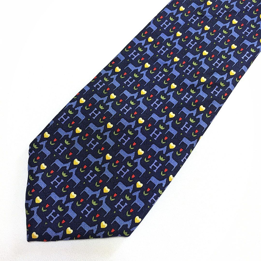 未使用級 エルメス HERMES ネクタイ シルク100% ネイビー アニマル柄
