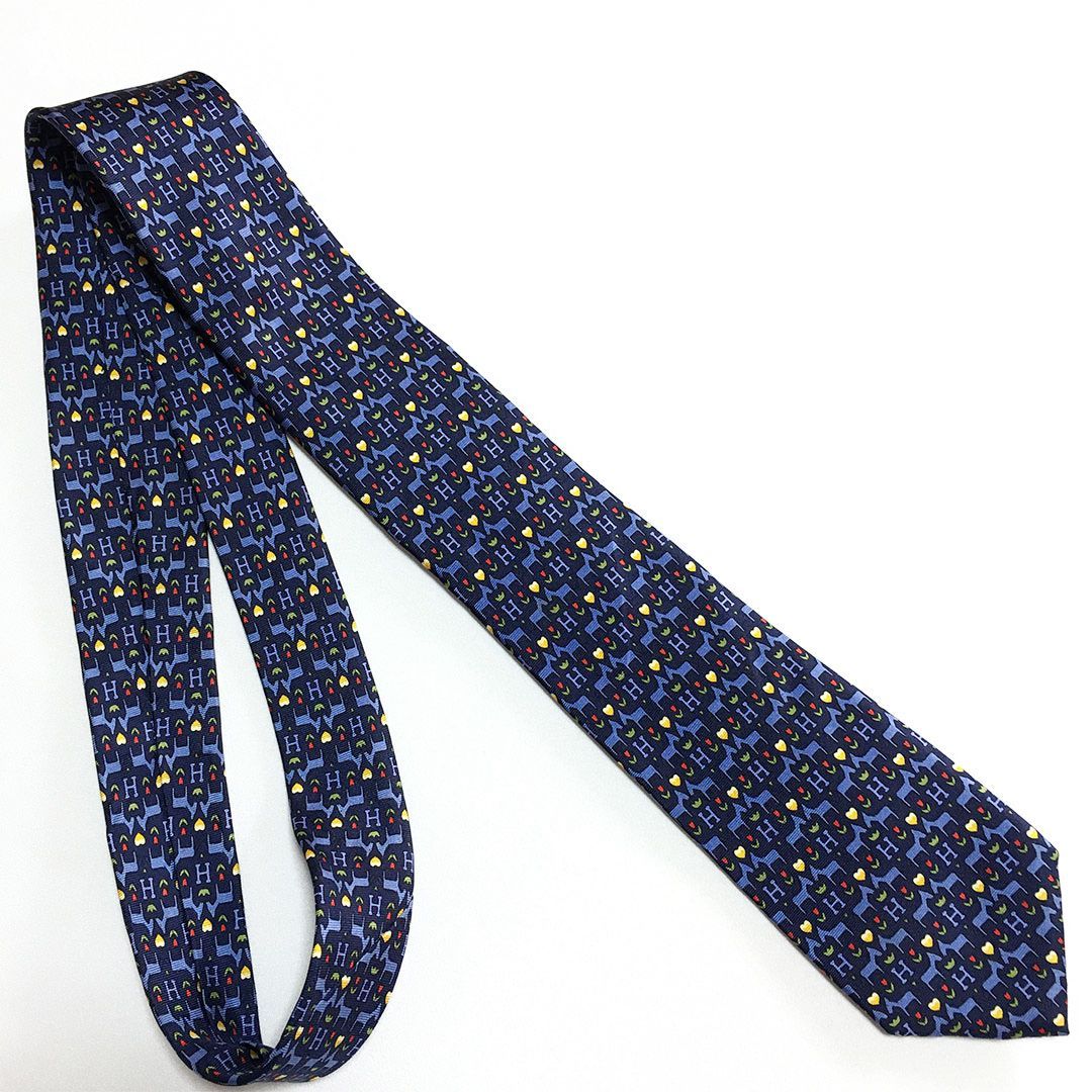 未使用級 エルメス HERMES ネクタイ シルク100% ネイビー アニマル柄