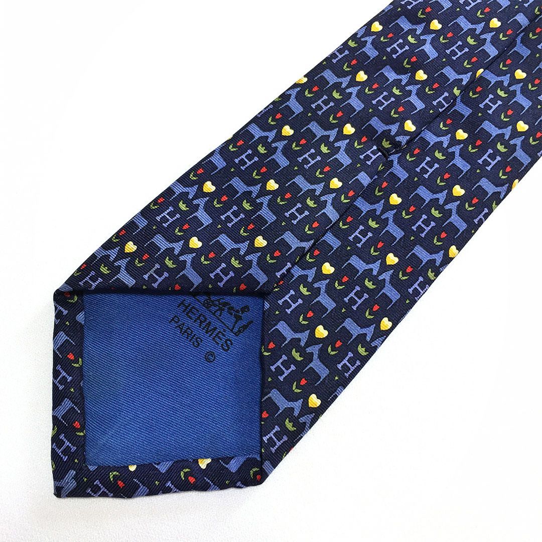 未使用級 エルメス HERMES ネクタイ シルク100% ネイビー アニマル柄