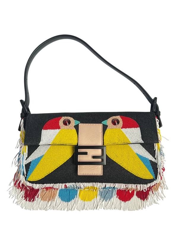 FENDI フェンディ バゲット デニム キューツイート 鳥 ビーズ刺繍