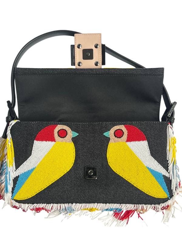 FENDI フェンディ バゲット デニム キューツイート 鳥 ビーズ刺繍