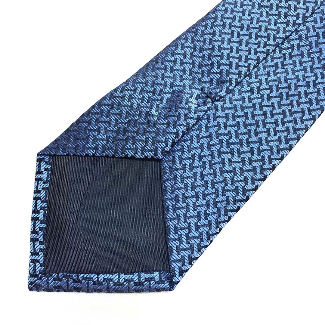 未使用級 エルメス HERMES ネクタイ シルク100% ブルー / ネイビー H柄