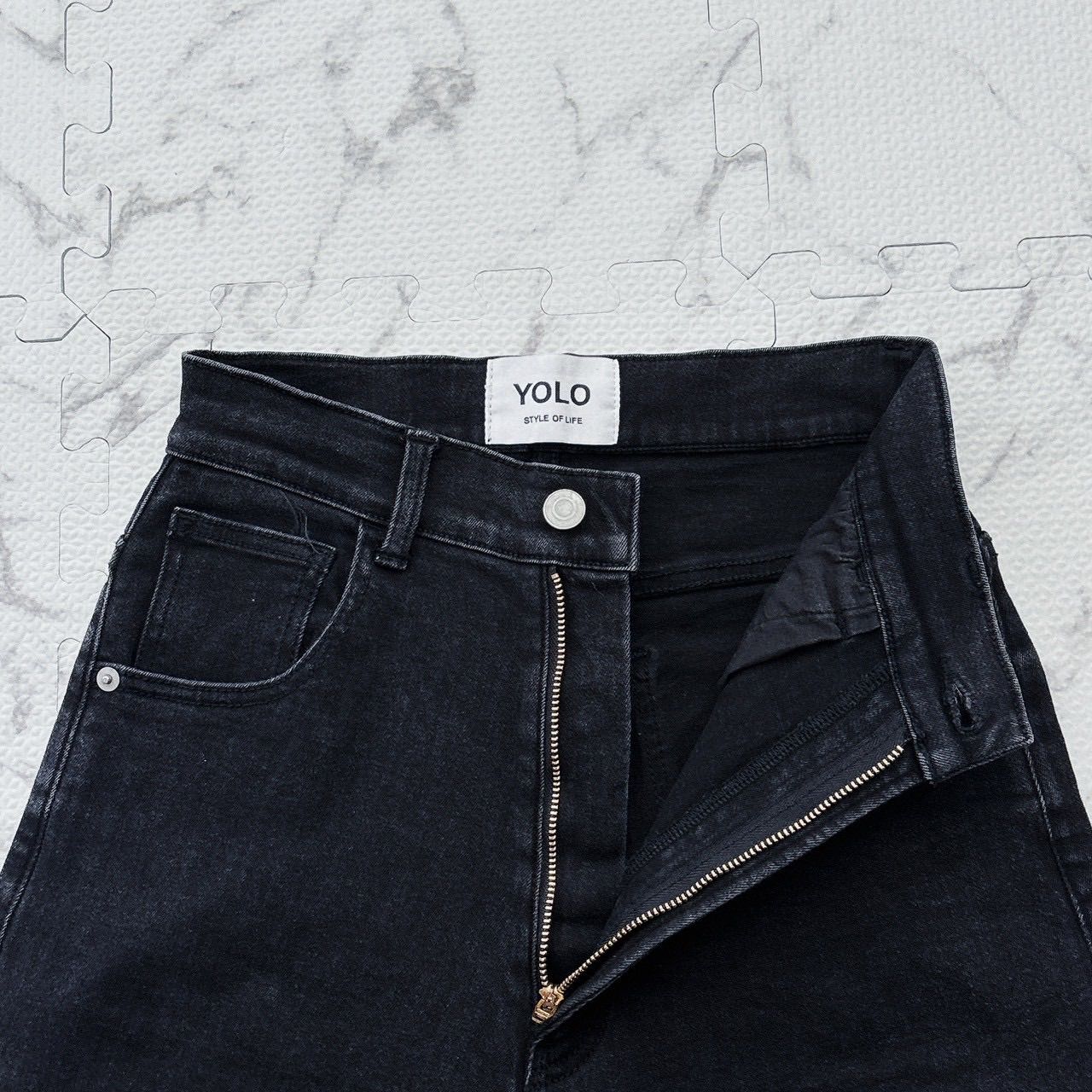 YOLO ブラックデニム パンツ S ストレート 黒デニム ハイウエスト 綿 