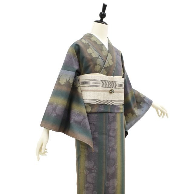 新古品】 結城紬 着物 未使用 正絹 袷 100亀甲 雪輪 桜 花 変わり縞 縦