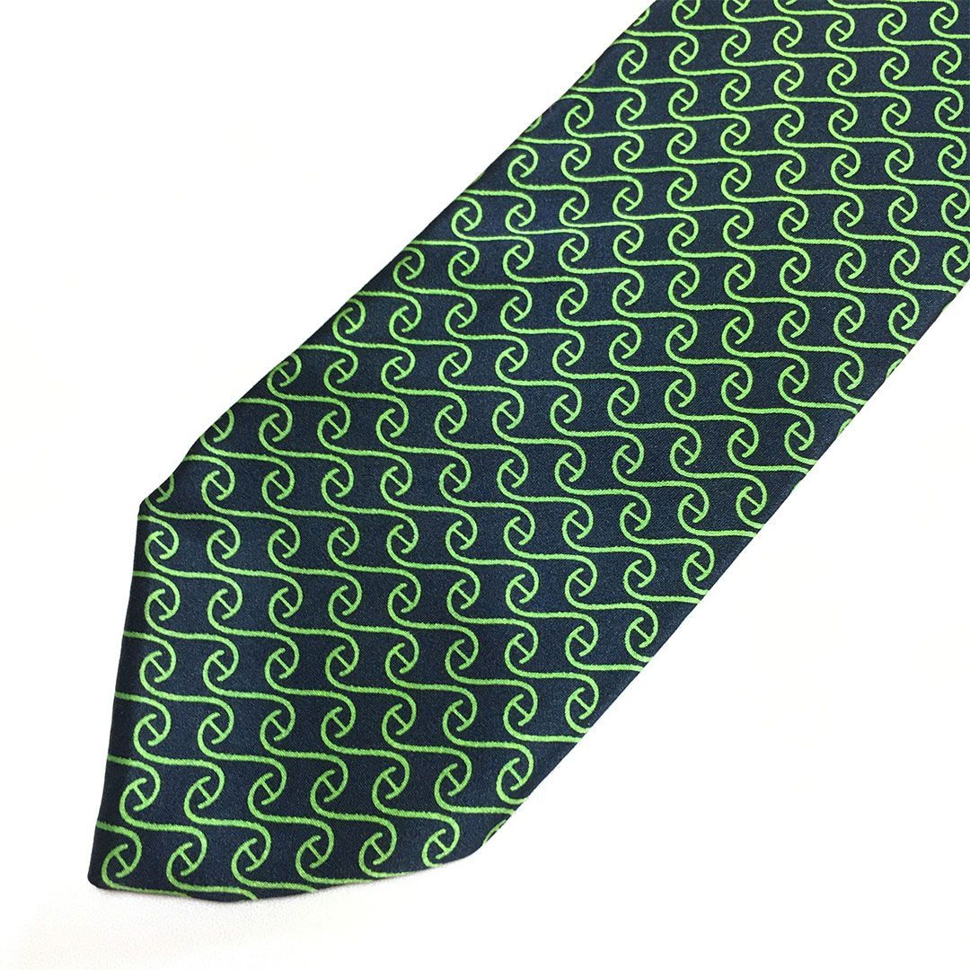 未使用級 エルメス HERMES ネクタイ シルク100% ネイビー / グリーン H