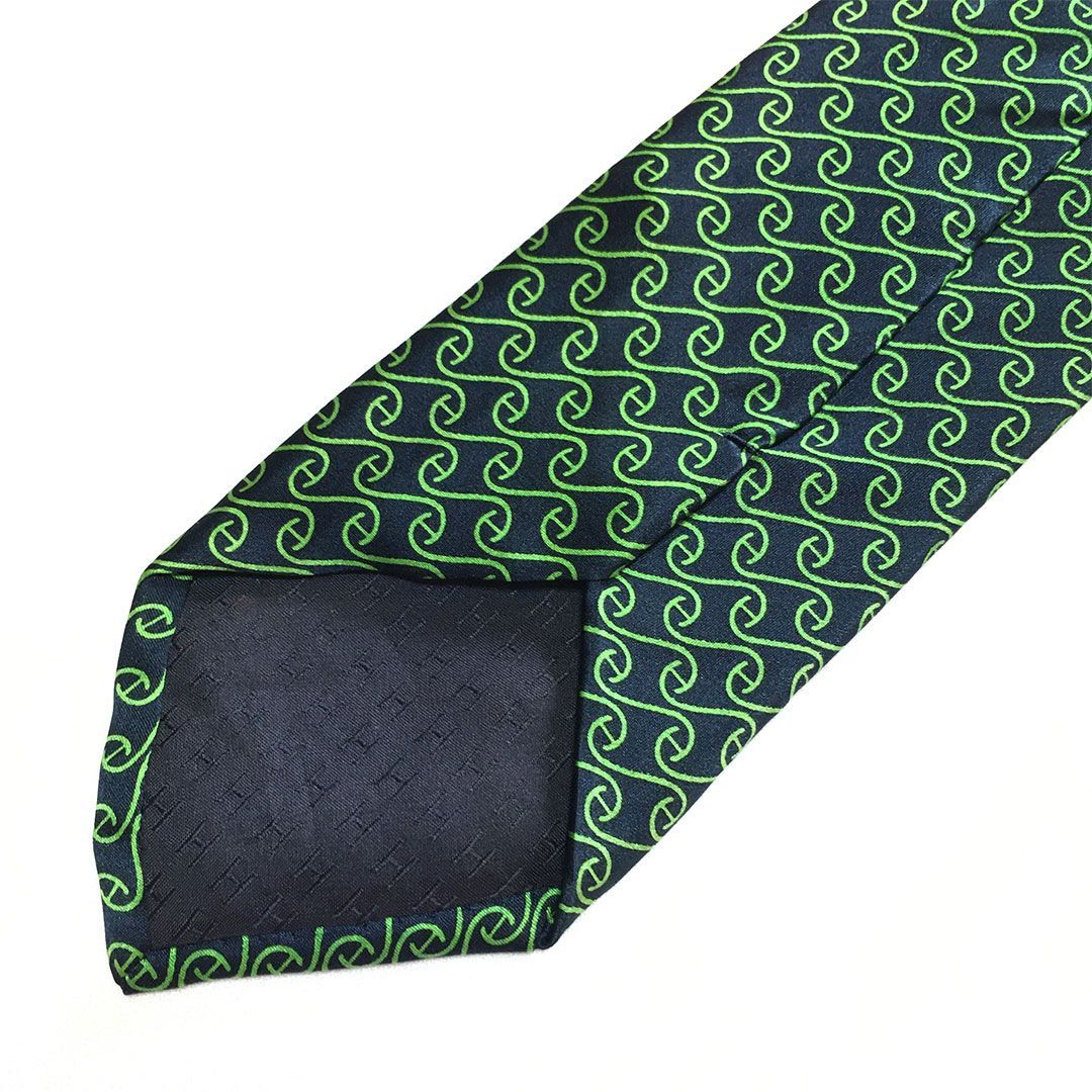 未使用級 エルメス HERMES ネクタイ シルク100% ネイビー / グリーン H