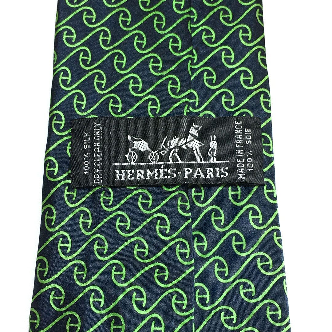 未使用】HERMES ネクタイ H柄 シルク100% ネイビー グリーン 未使用級