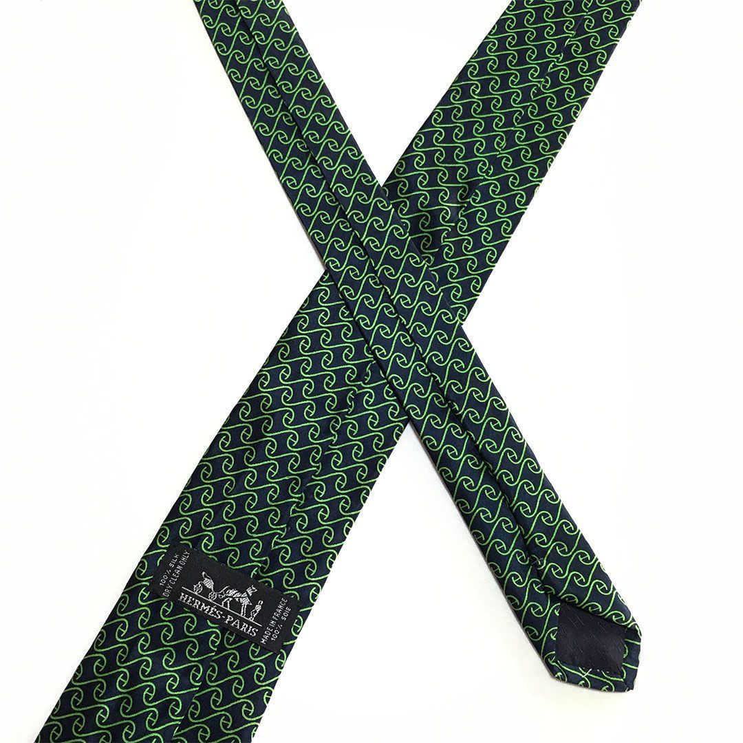 未使用級 エルメス HERMES ネクタイ シルク100% ネイビー / グリーン H