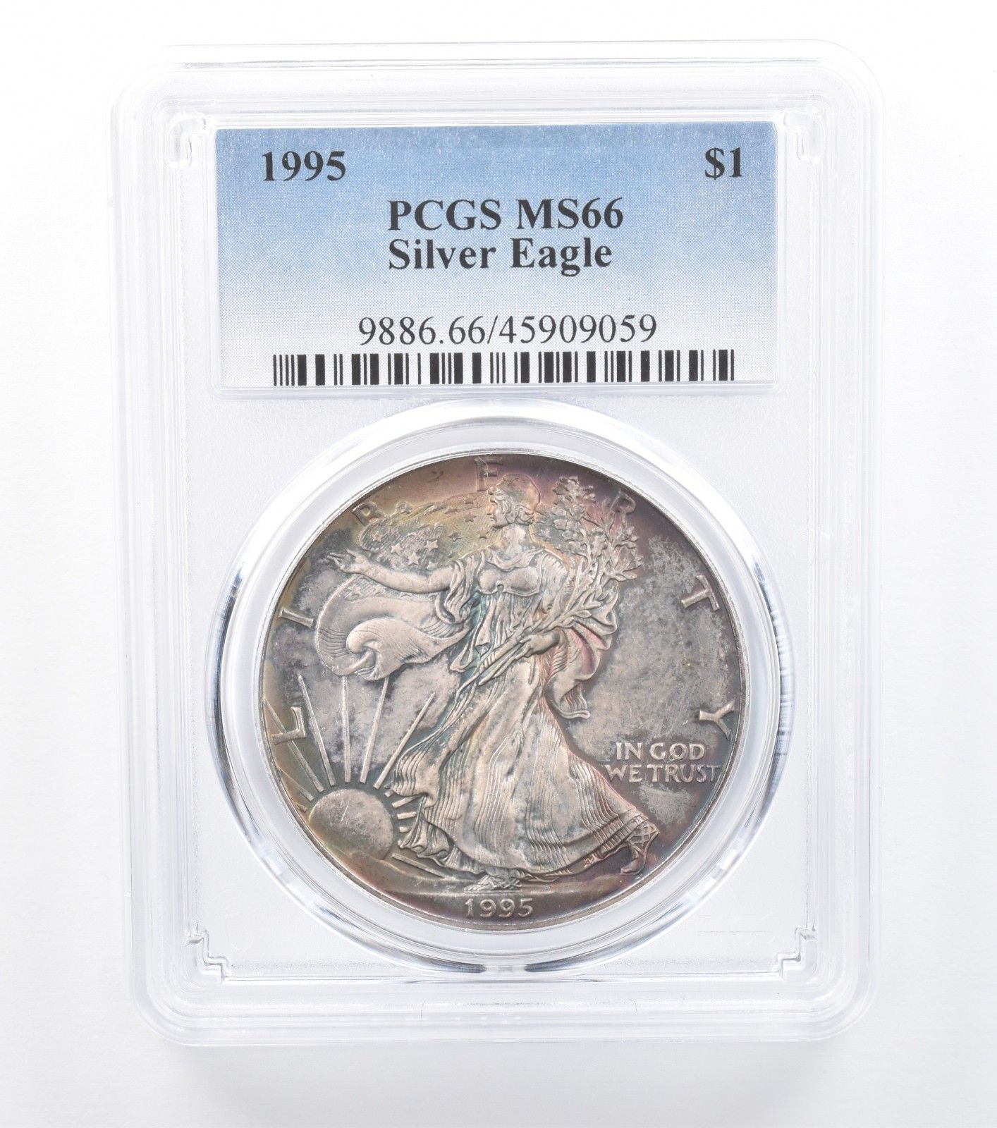 ［真正鑑定付］PCGS MS68 レインボートーン付イーグル銀貨 1996年 真正鑑定付］PCGS MS68 レインボートーン付イーグル銀貨 1996年