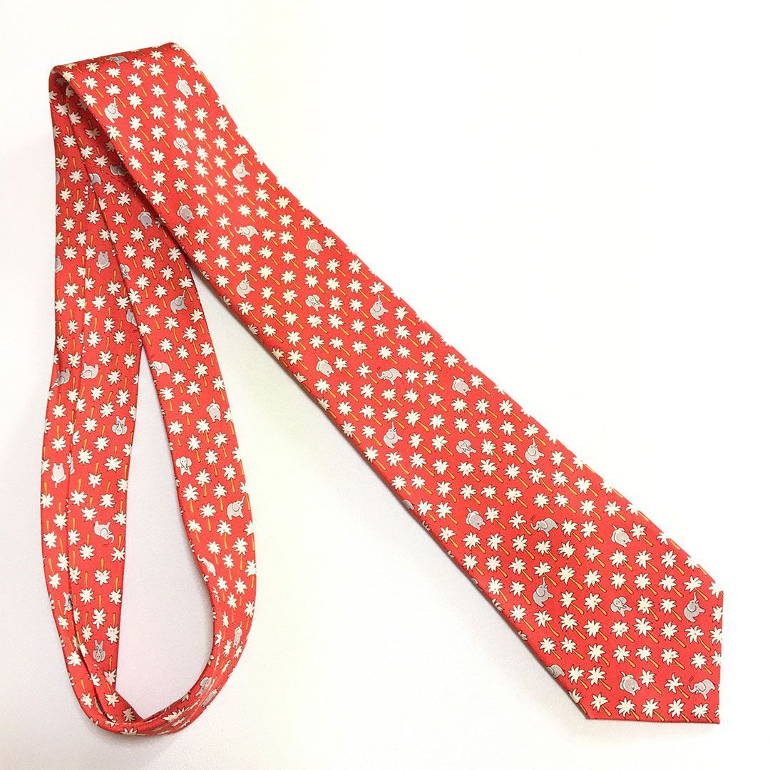 未使用級 エルメス HERMES ネクタイ シルク100% レッド アニマル柄