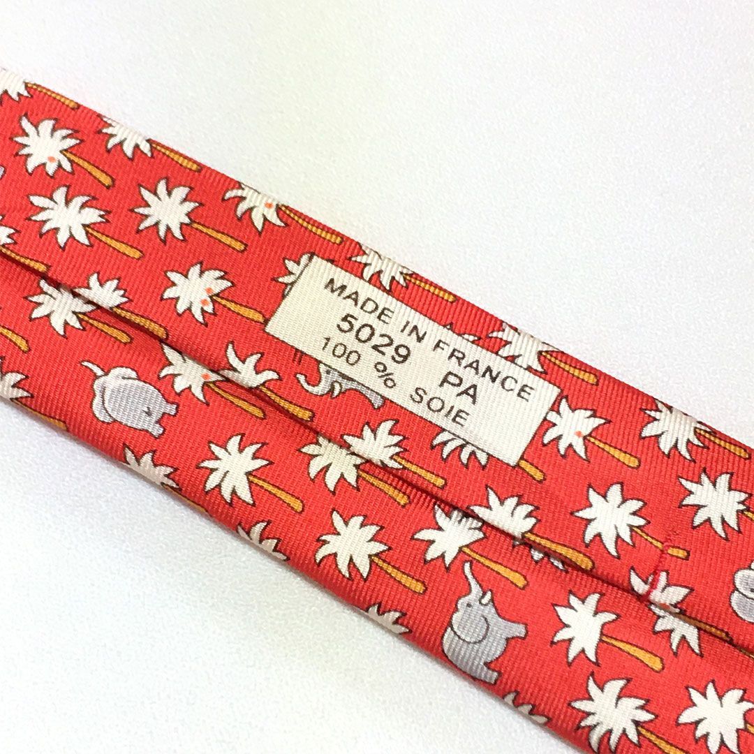未使用級 エルメス HERMES ネクタイ シルク100% レッド アニマル柄