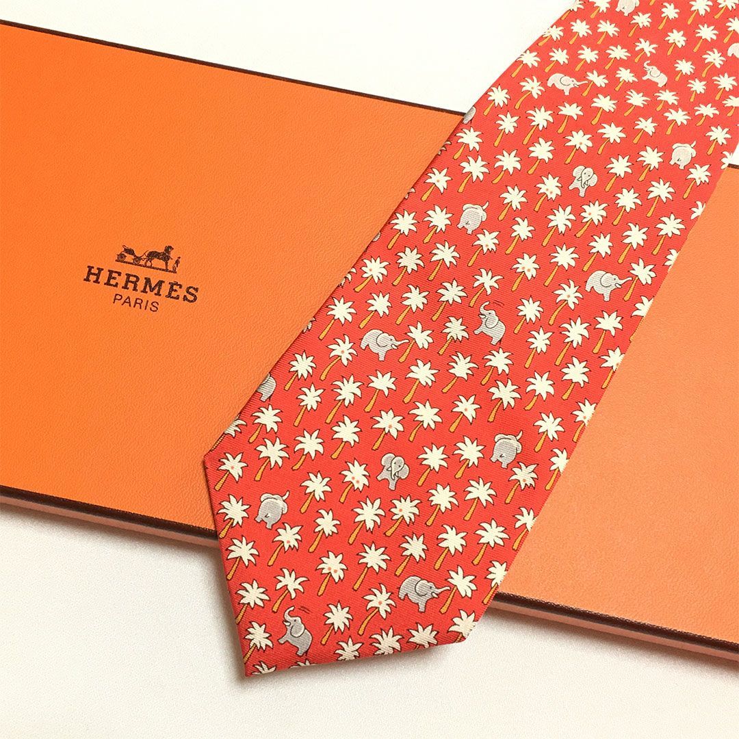 未使用級 エルメス HERMES ネクタイ シルク100% レッド アニマル柄