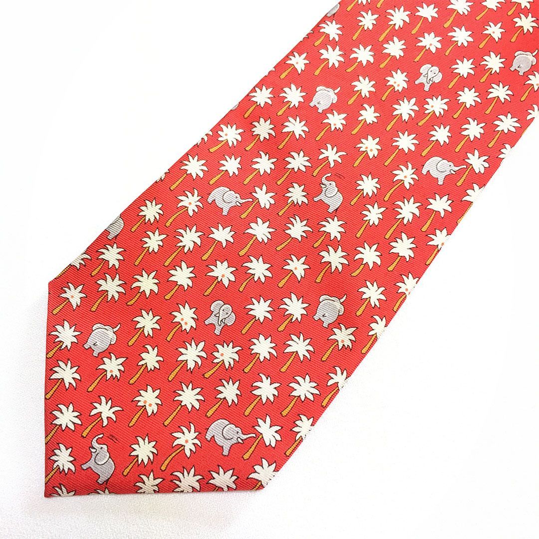 未使用級 エルメス HERMES ネクタイ シルク100% レッド アニマル柄