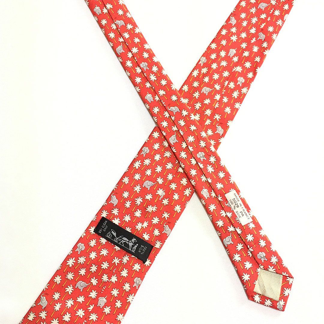 未使用級 エルメス HERMES ネクタイ シルク100% レッド アニマル柄