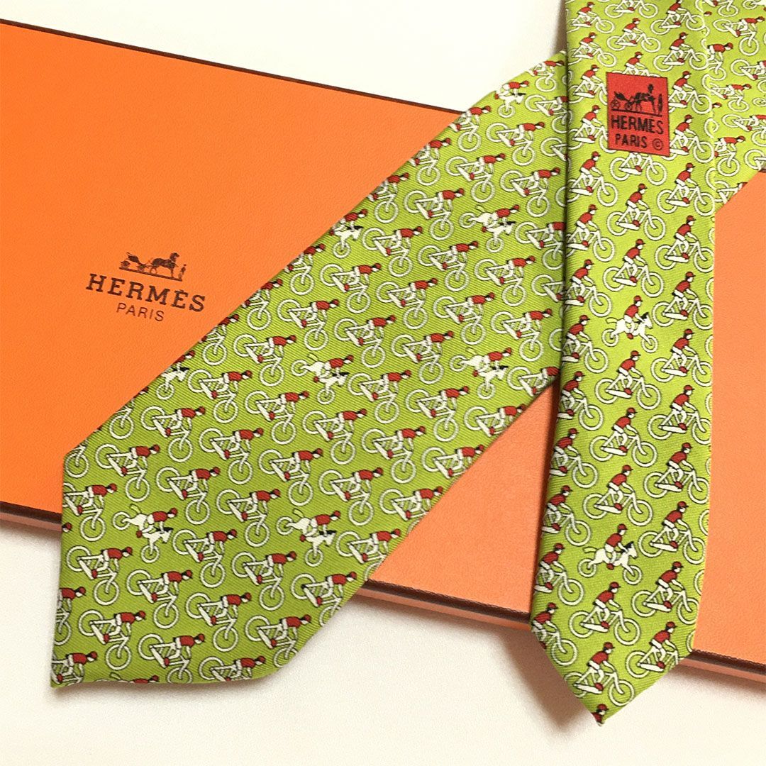 未使用級 エルメス HERMES ネクタイ シルク100% グリーン アニマル柄