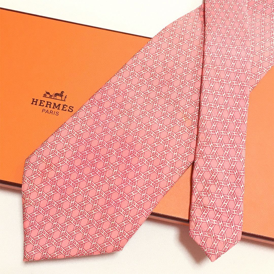 未使用級 エルメス HERMES ネクタイ シルク100% ピンク H柄 2512-242