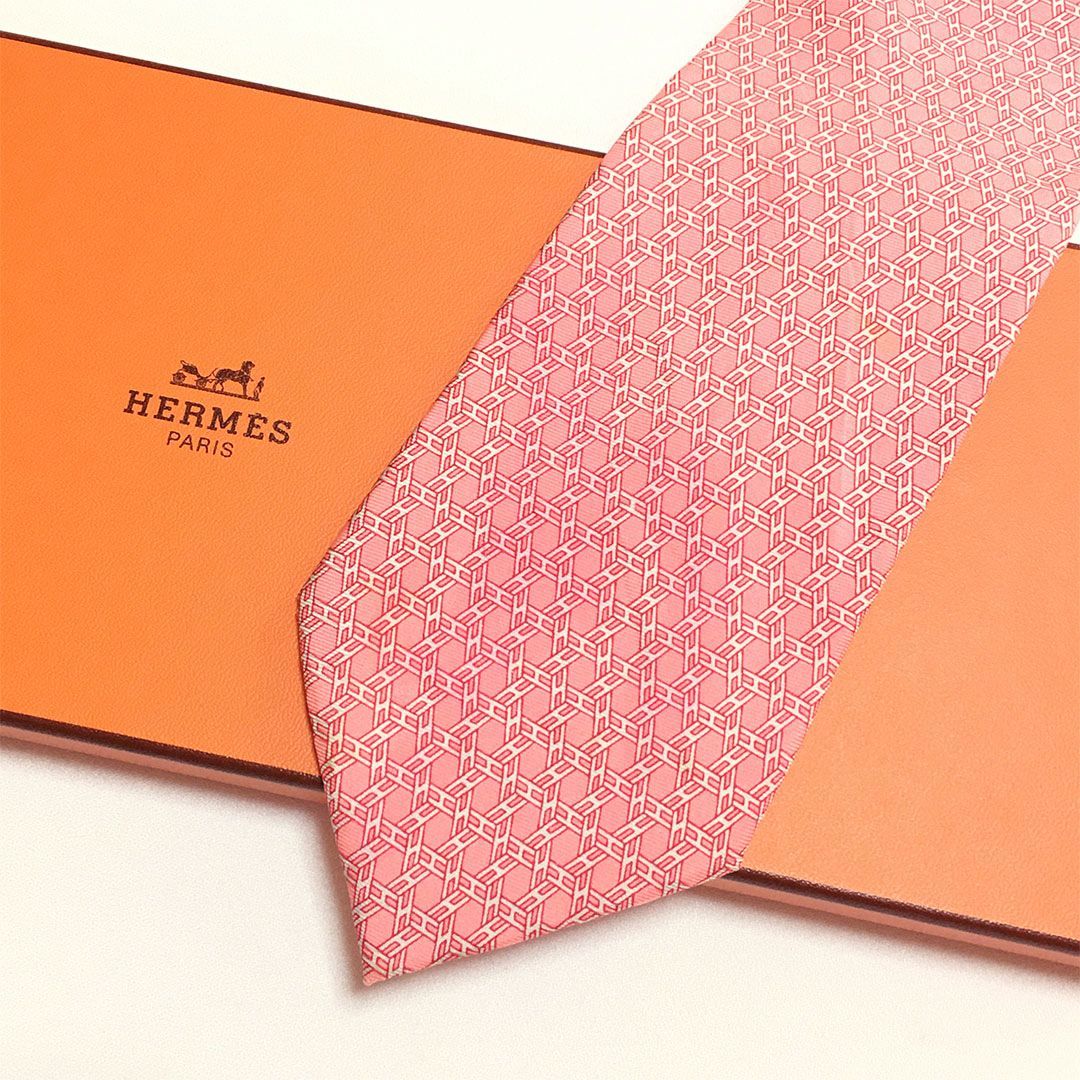 未使用級 エルメス HERMES ネクタイ シルク100% ピンク H柄 2512-242