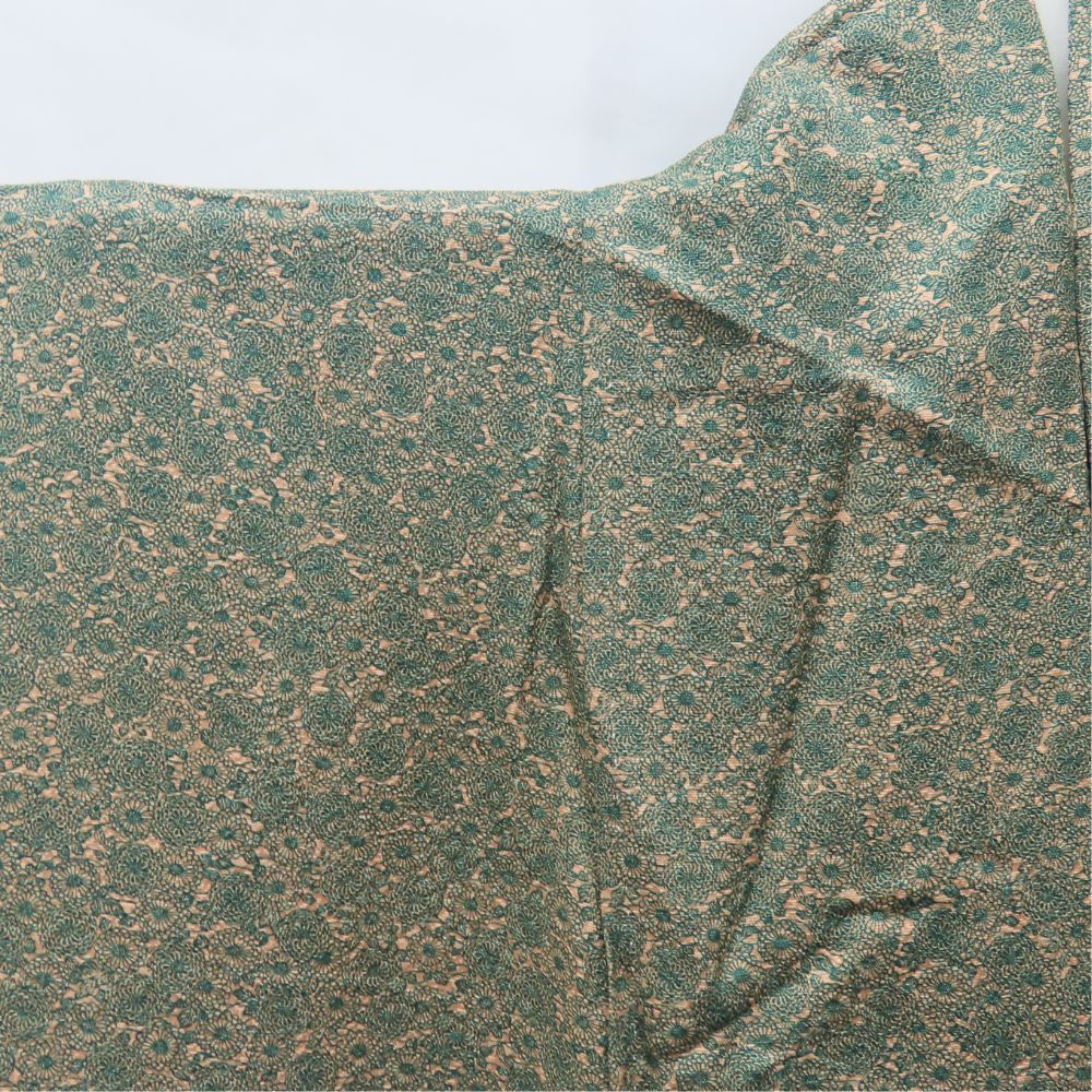 中古】 小紋 正絹 グリーン ベージュ 小花柄 しつけ糸あり 和装 呉服