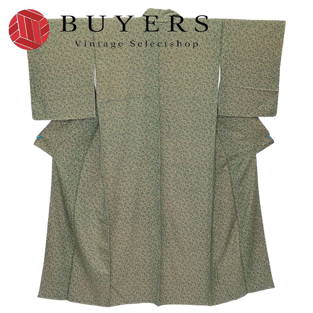 中古】 小紋 正絹 グリーン ベージュ 小花柄 しつけ糸あり 和装 呉服 