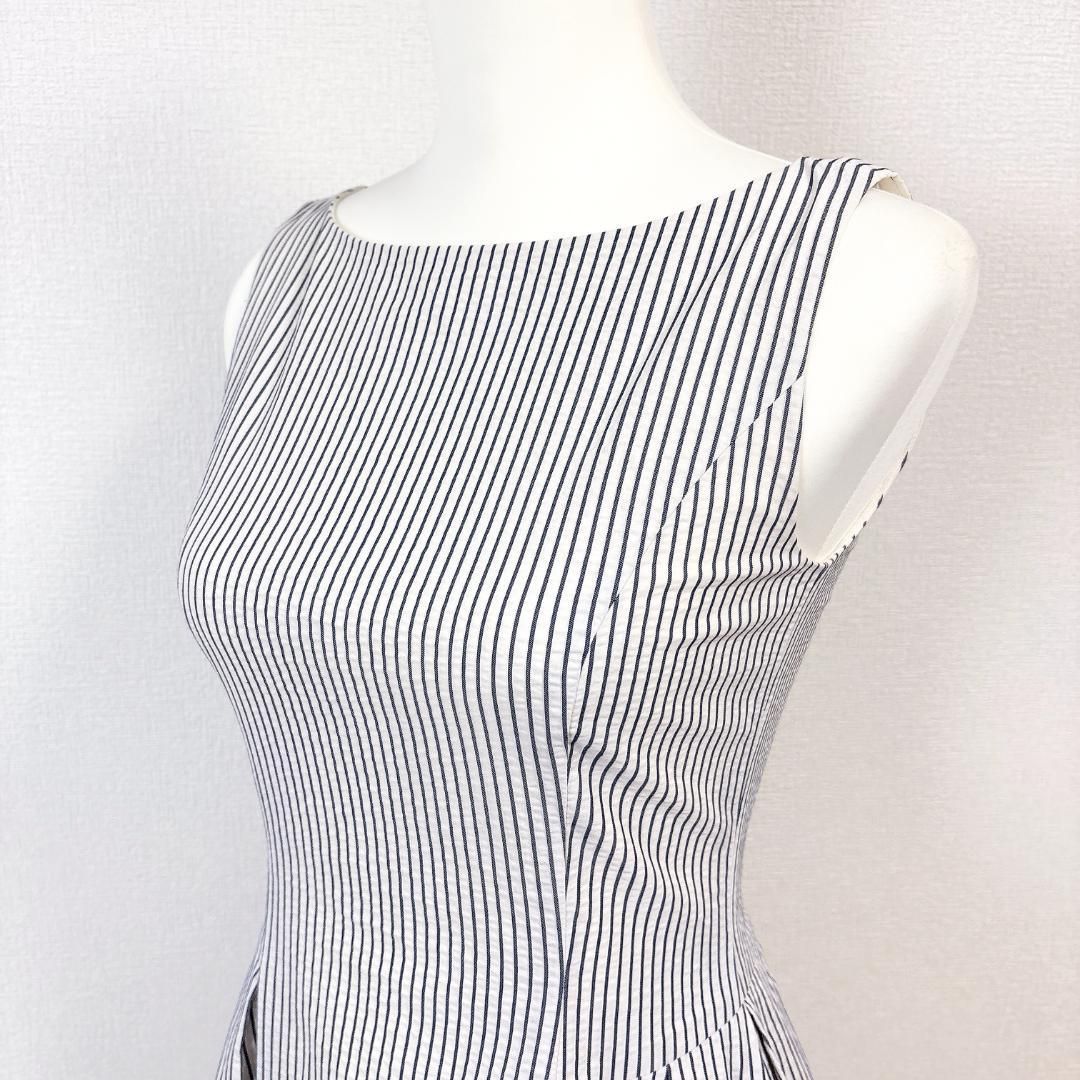 美品】 FOXEY NEWYORK ノースリーブワンピース 38 紺ストライプ - メルカリ