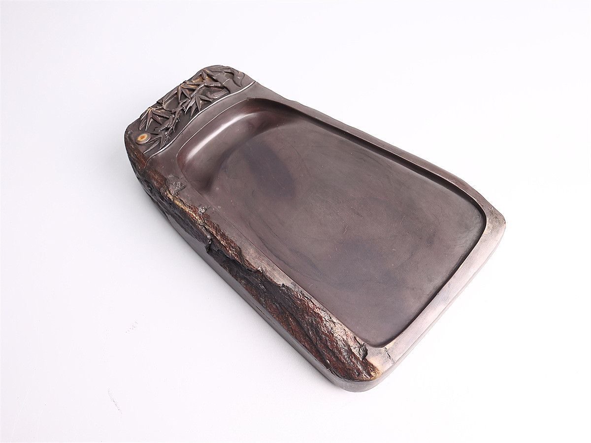 唐物 【天然端渓石製】 書道具 竹雀文 端渓硯 幅25×15㎝ 重4026g／木箱