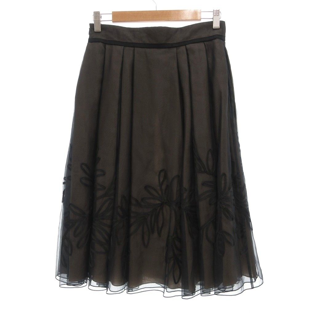 フォクシー FOXEY フレアスカート 絹 シルク ひざ丈 コード刺繍 40 黒