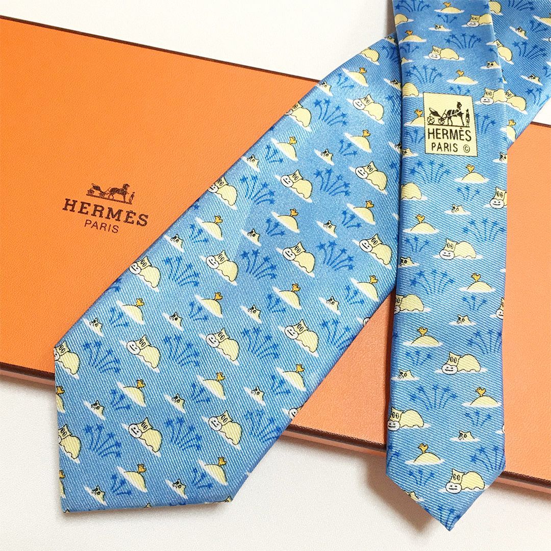 未使用級 エルメス HERMES ネクタイ シルク100% ライトブルー アニマル