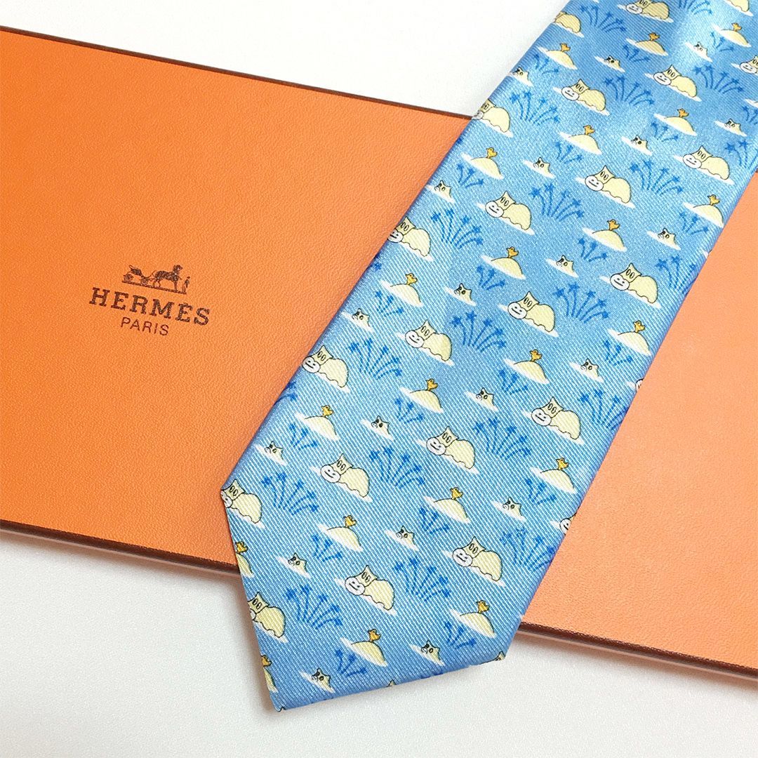 未使用級 エルメス HERMES ネクタイ シルク100% ライトブルー アニマル