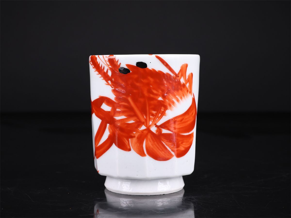 京焼名工 【清水六兵衛】 赤絵海老絵 湯呑／共箱付 本物保証 美品 