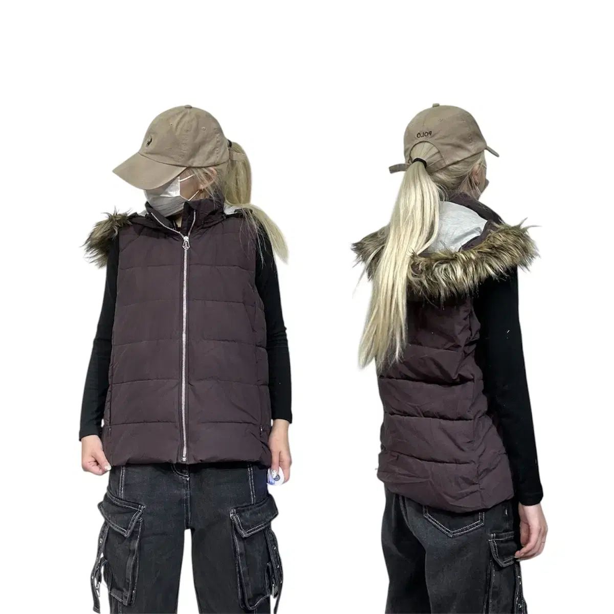 Gap ギャップ バーガンディ y2k ダウン ベスト ウルフ ファー フード