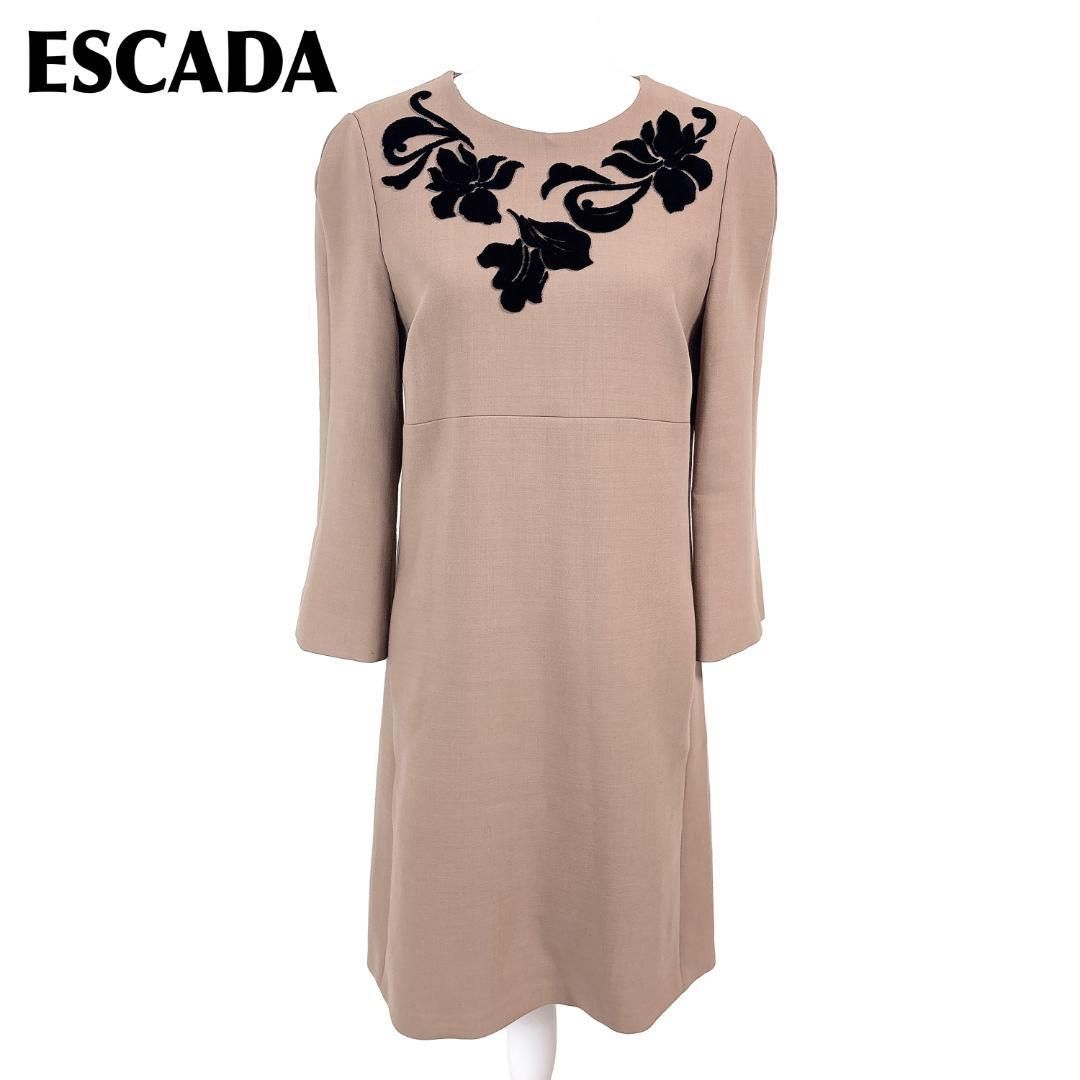 美品 ESCADA 長袖ワンピース 36 ライトブラウン 上部ボタニカル