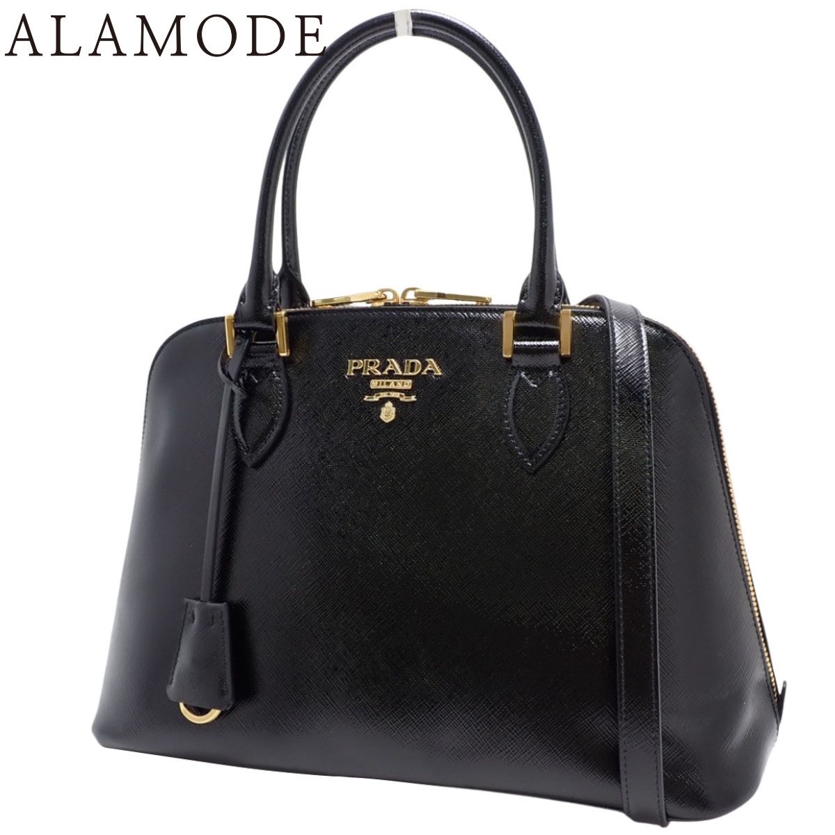 PRADA ブラック エナメル ハンドバッグ PRADA(プラダ) ロゴ 2WAYバッグ ハンドバッグ 2WAY ショルダー 肩掛け