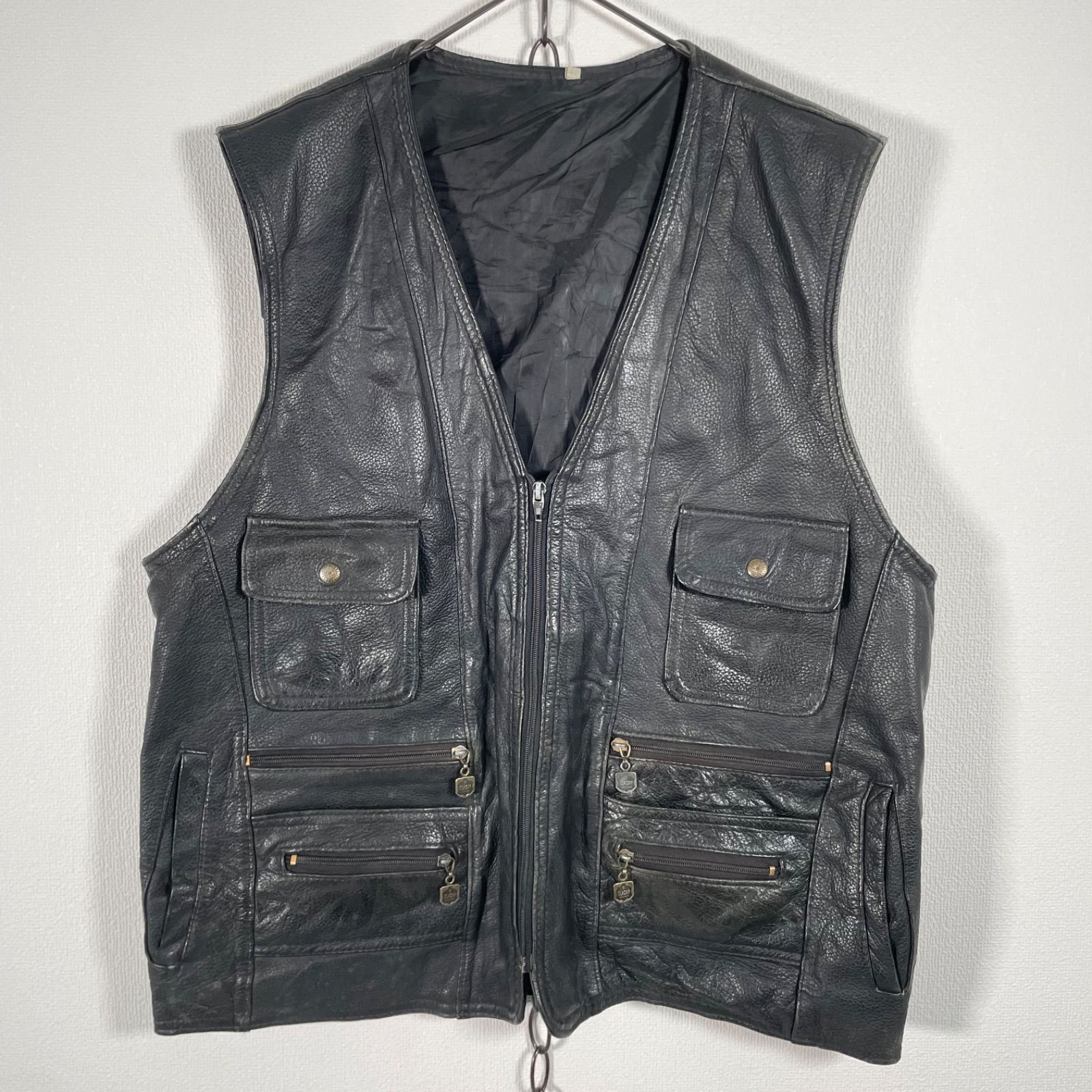 90s Vintage elazar leather vest レザーベスト 多数ポケット ブラック 