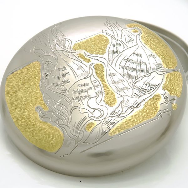 帖佐美行 香合 双蘭花想 共箱 茶道具 彫金 合金 洋銀 ◇送料込◇質屋