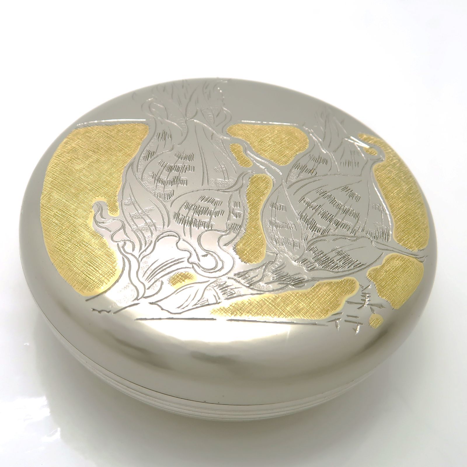 帖佐美行 香合 双蘭花想 共箱 茶道具 彫金 合金 洋銀 ◇送料込◇質屋