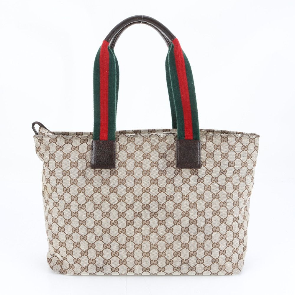 美品 グッチ GG キャンバス シェリー ライン 155524 レザー トート
