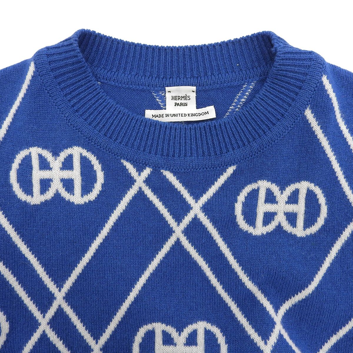 HERMES(エルメス) Hロンド ニット ブルー青 ホワイト白 カシミヤ