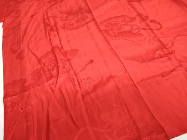 平和屋着物●振袖用長襦袢　無双仕立て　雲霞貝桶地紋　深緋色　半衿刺繍　正絹　逸品　DABB0433ud 平和屋着物○振袖用長襦袢 無双仕立て 雲霞貝桶地紋 深緋色 半衿刺繍