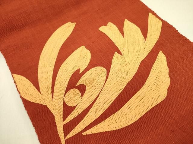 平和屋着物●本場結城紬　重要無形文化財　八寸名古屋帯　抽象文様　代赭色　正絹　逸品　DABB7278op 平和屋着物○本場結城紬 重要無形文化財 八寸名古屋帯 抽象文様 代赭色