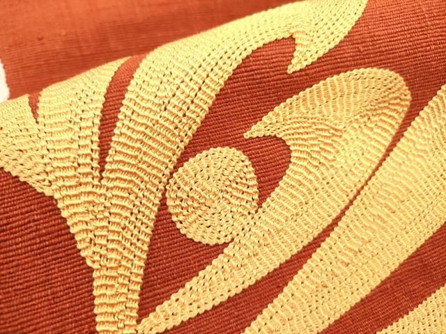 平和屋着物●本場結城紬　重要無形文化財　八寸名古屋帯　抽象文様　代赭色　正絹　逸品　DABB7278op 平和屋着物○本場結城紬 重要無形文化財 八寸名古屋帯 抽象文様 代赭色