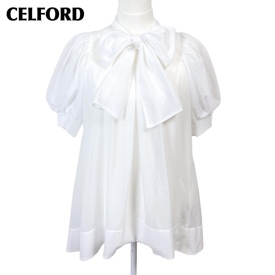 【美品】 CELFORD 半袖ブラウス リボンタイ インナー付 38 ホワイト 美品】 CELFORD 半袖ブラウス リボンタイ インナー付 38 ホワイト