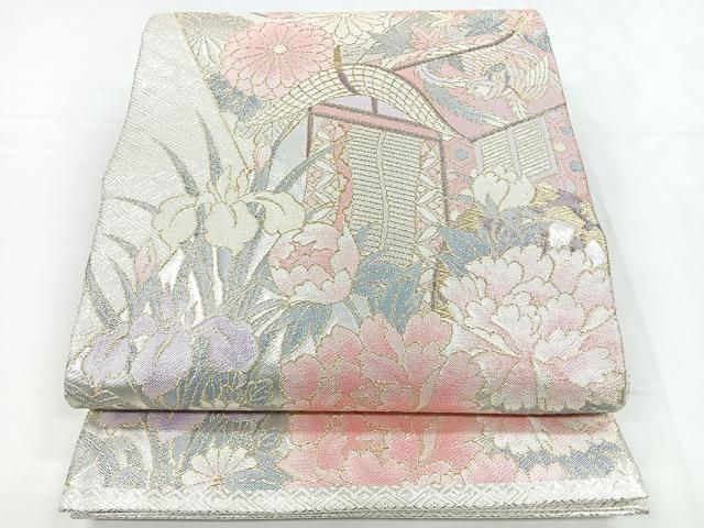 平和屋着物◎佐賀錦 六通柄袋帯 御所車花文 金銀糸 正絹 逸品