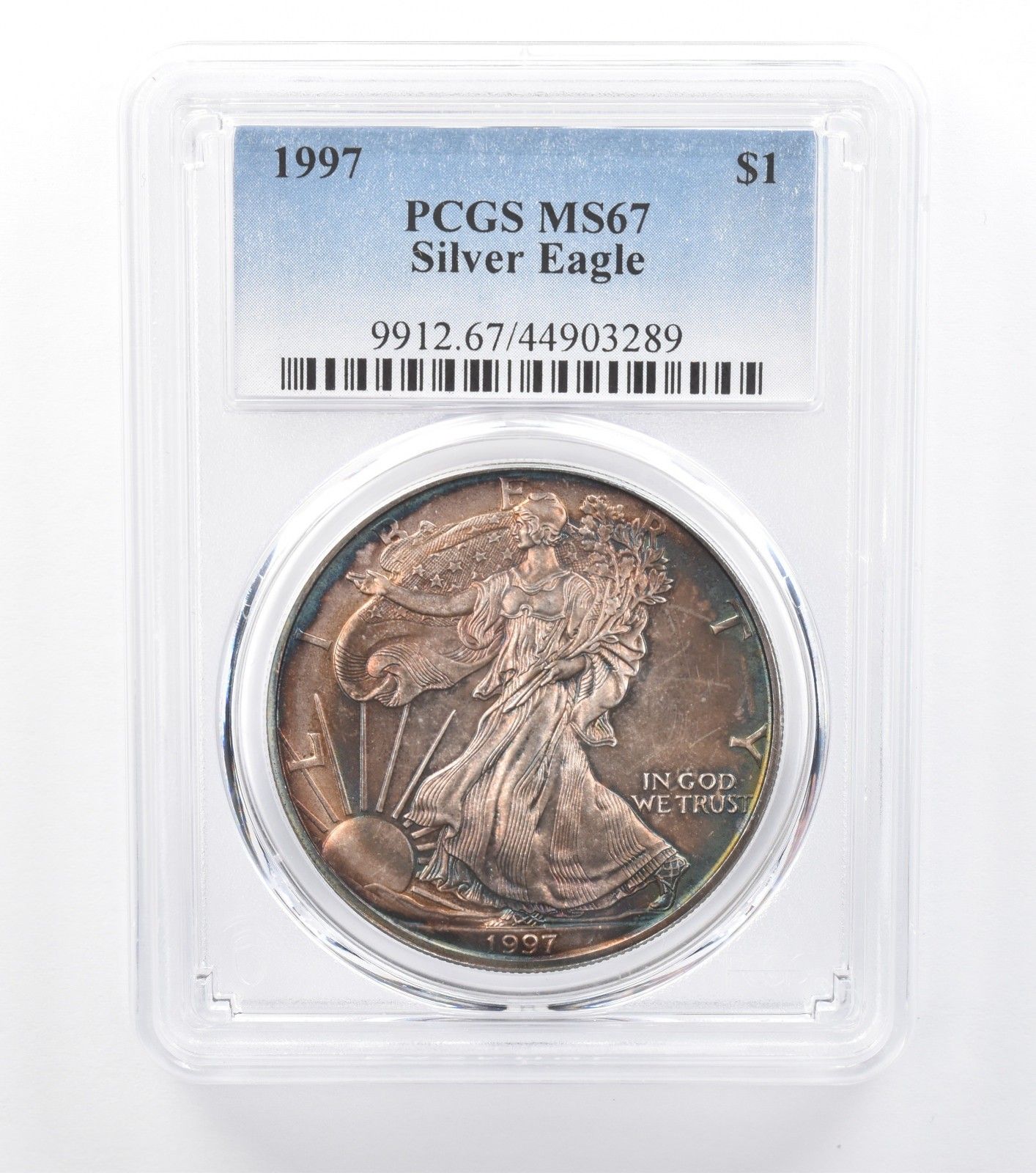 1997年 アメリカン シルバー イーグル MS67 PCGS ブルー/パープル T