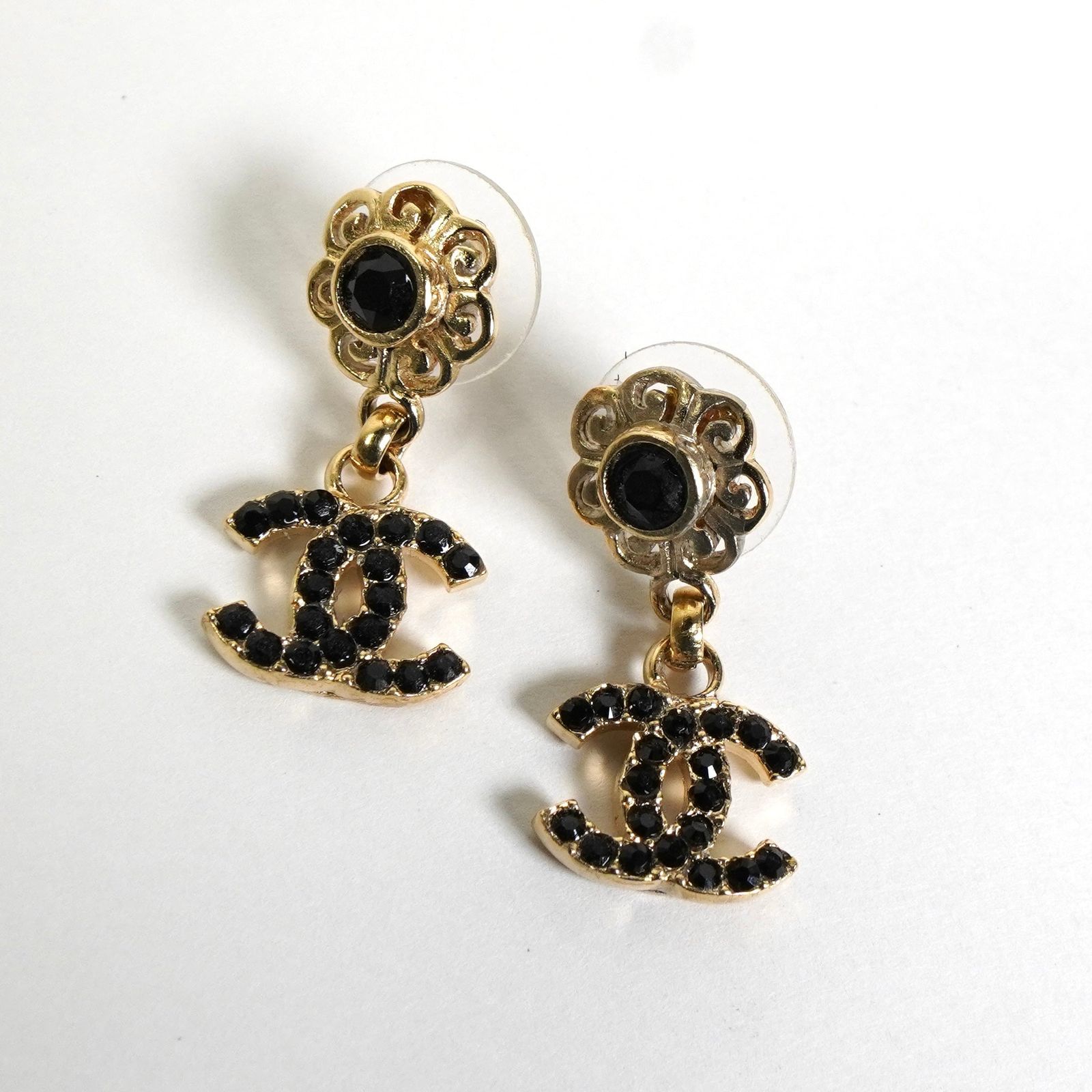 シャネル ココマーク フラワー ラインストーン ピアス GP ブラック