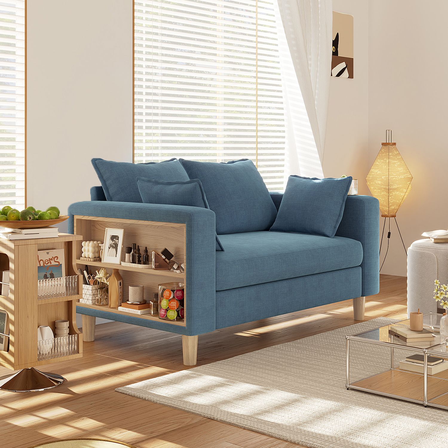 二人掛け 収納ソファー 多機能アームレスト（カップホルダー付） 幅