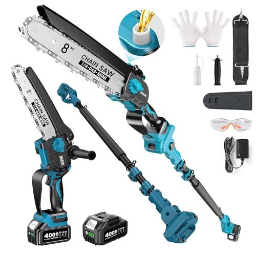 迅速に発送 SEESII 高枝チェーンソー 電動 8インチ 充電式 コードレス ハンディチェーンソー 1台2役 ブラシレスモーター オイル注入機能付き 延長ポール 125 cm～250 cm 無段階調節 強力パワー 伐採 木工 園芸 庭木の剪定用 4 0 A